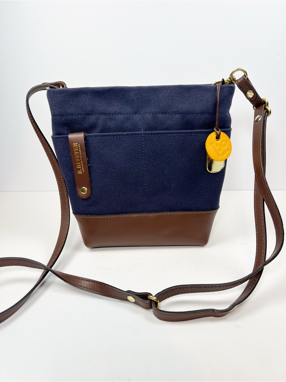 R. Riveter Besty Bucket Bag Crossbody Navy Canvas Brown Leather